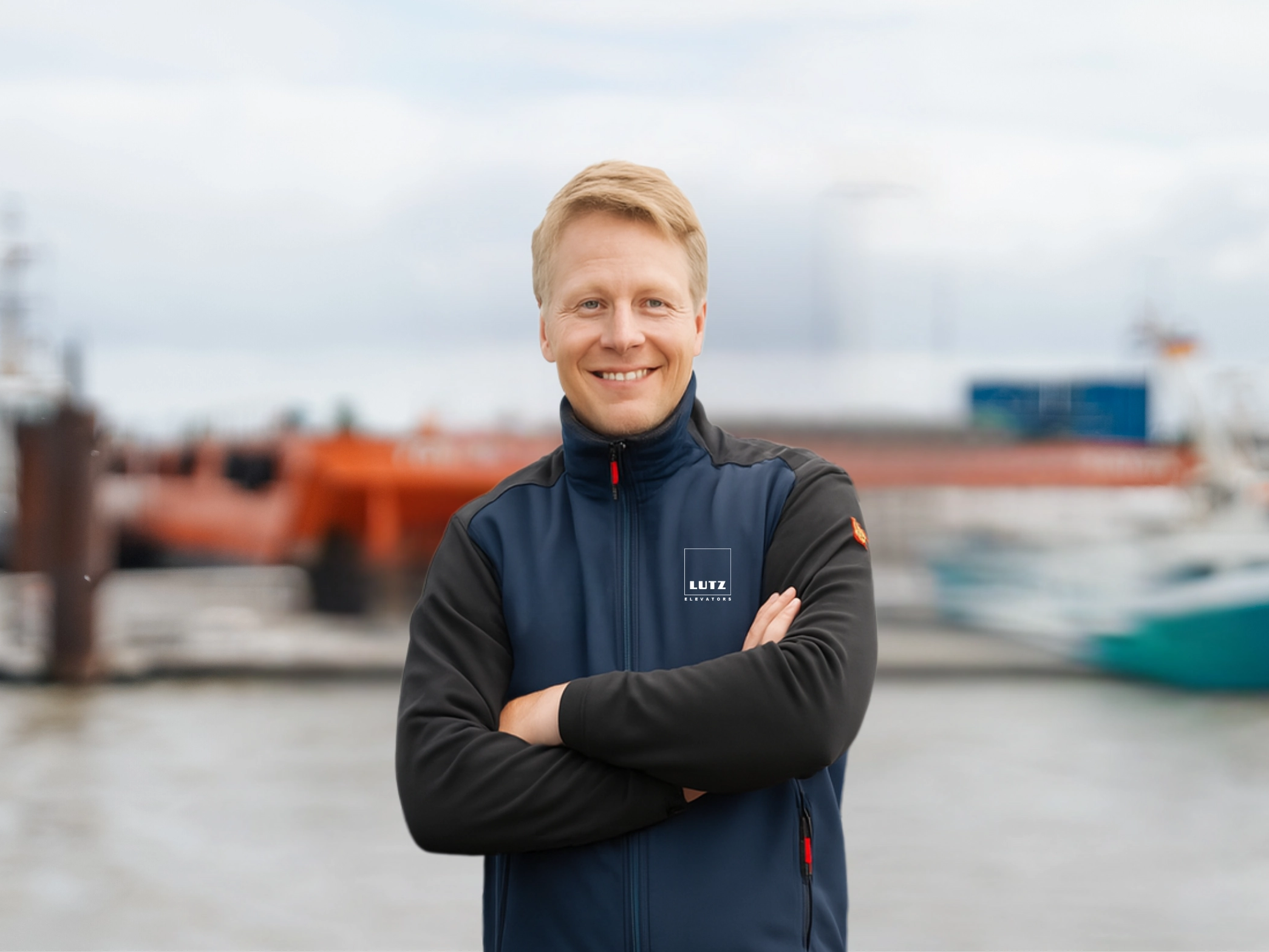 Technician in front of a harbour